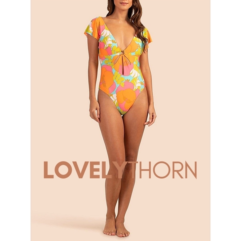 TRINA TURK // ltd ed playa de flor flutter sleeve cut-out 1 piece swim/bodysuit - Picture 2 of 12